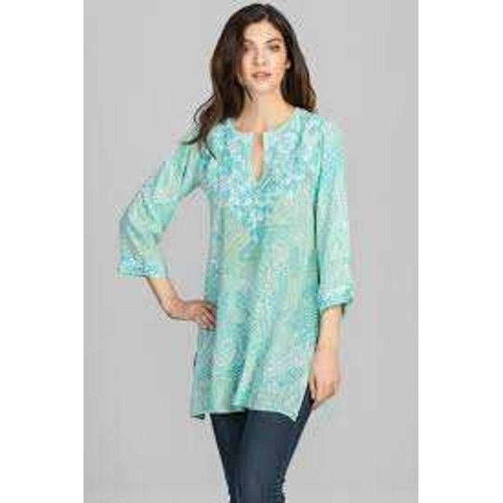 Amaya Silk Embroidered Paisley Tunic Top Teal White Boho India Size 38/Medium